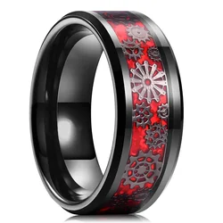 Sophisticated Silver Titanium Stainless Steel Men's Ring with Black Carbon Fiber Accent - 8 (Red)