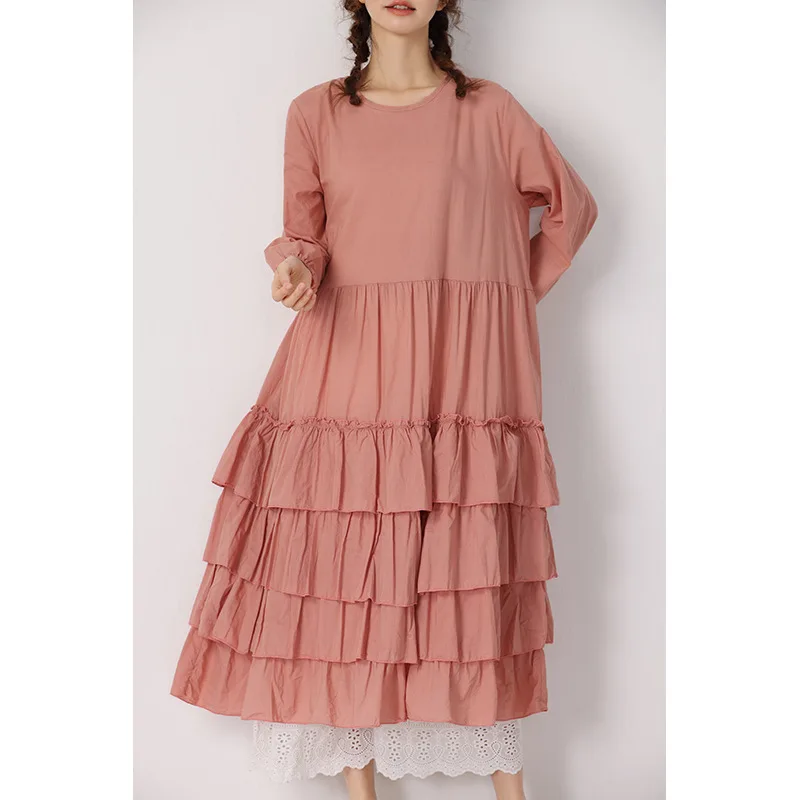 

Cute Sweet Solid Colour Long-sleeved Cake Dress Spring Thin Loose Casual All Match Layered Look Long Dresses for Women Girls