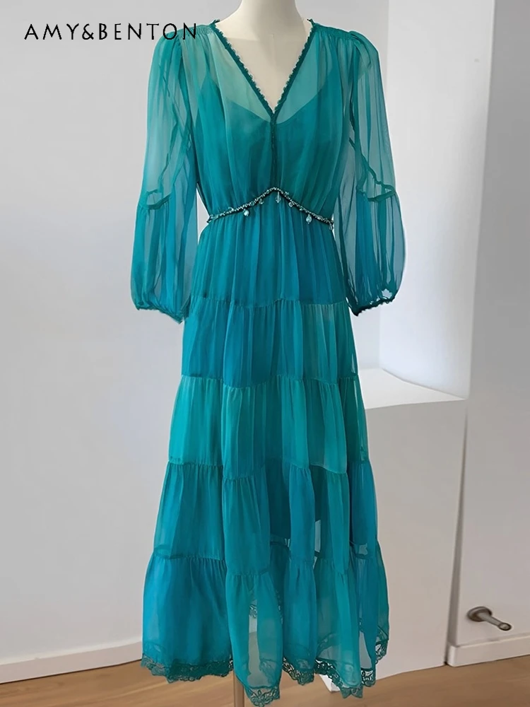 

2024 New Summer Light Luxury French Advanced Elegant Slim Long Sleeve Dress for Woomen Graceful V-neck Mid-Length A-line Dress