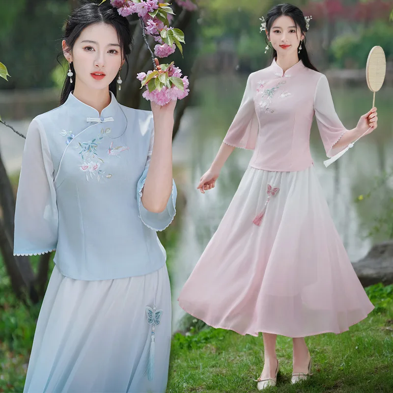 

Elegant Summer Cotton Linen Embroidered Tang Suit Zen Hanfu Dress Sweet Retro Fashion Chinese Style Tops Skirt Sets for Women