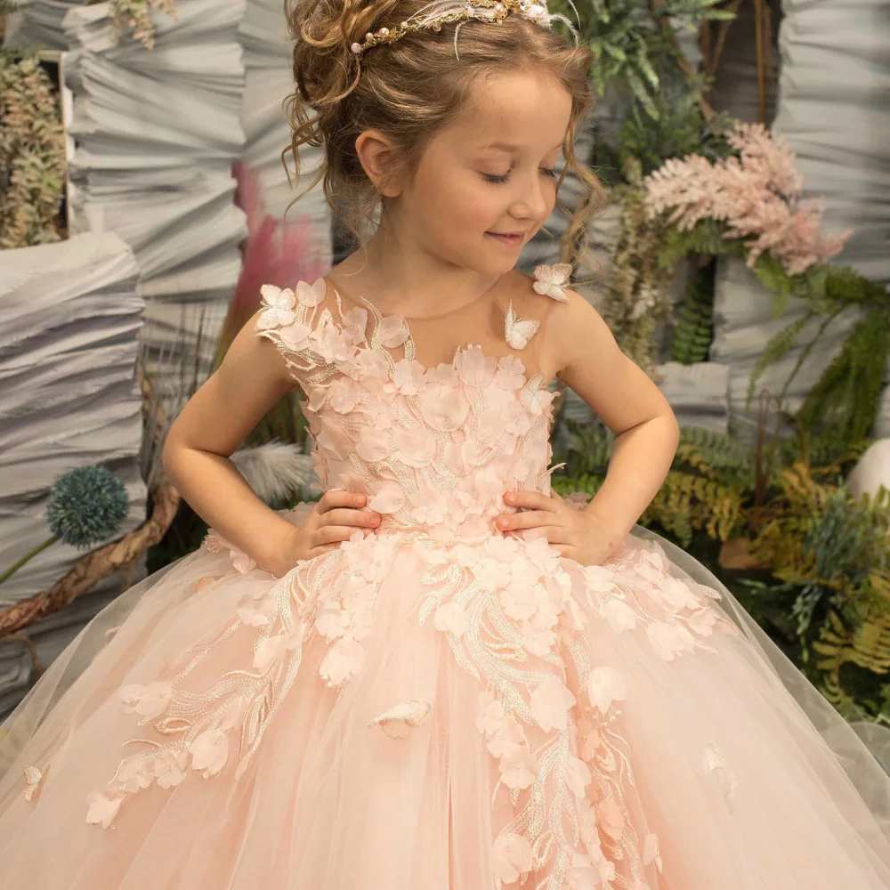 Babyonline Flower Girl Dresses for Wedding Blush Pink Floral Tulle Long Kids Bridesmaid Ball Gowns Princess Even Wed Party