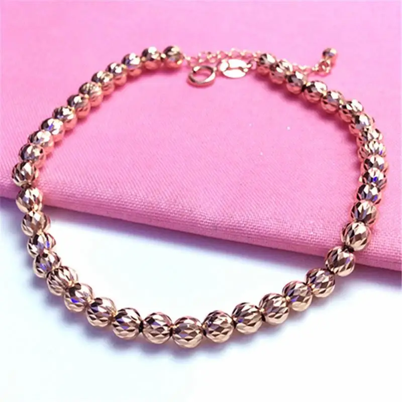 

585 Purple Gold Plated 14K Rose Gold Ball Beads String Bracelets for Women Simple Sparkling Classic Wedding Jewelry Gift