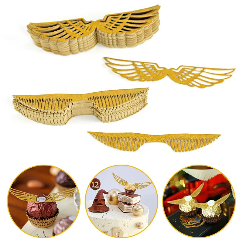 

50pcs Gold Paper Wizard Party Wings Chocolate Decoration Hollowed Wings Cupcake Toppers Cake Card Insert For Wedding Party Decor