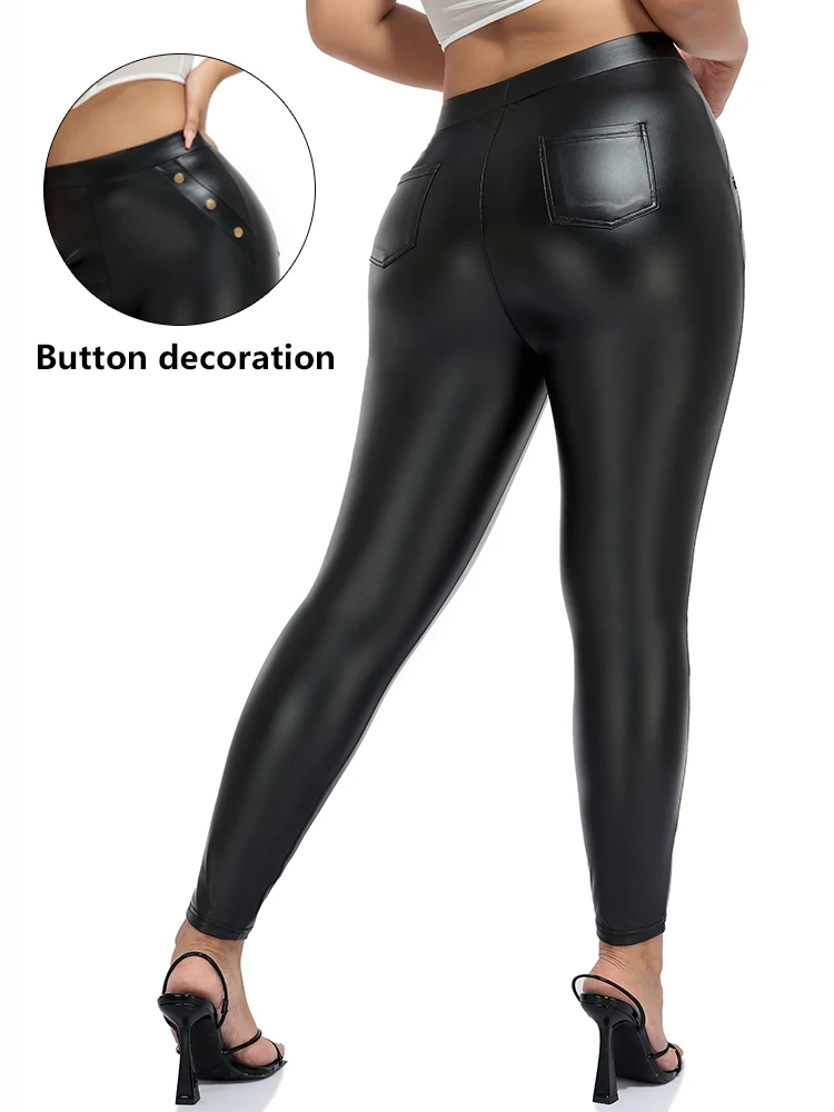 Fashion Button Leather Leggings Women Sexy High Waist PU Legging