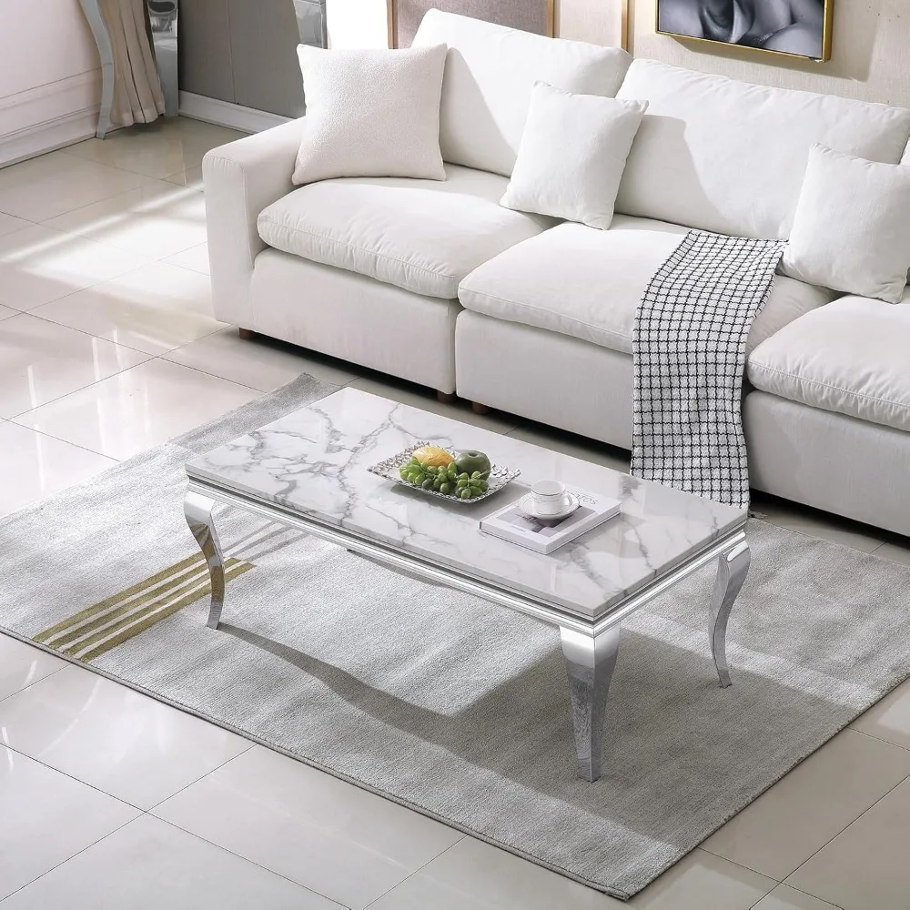 47 Inch Coffee Table, Faux Marble Coffee Tables, Rectangular Living Room Tables, Elegant Side Table with Stainless Steel 3