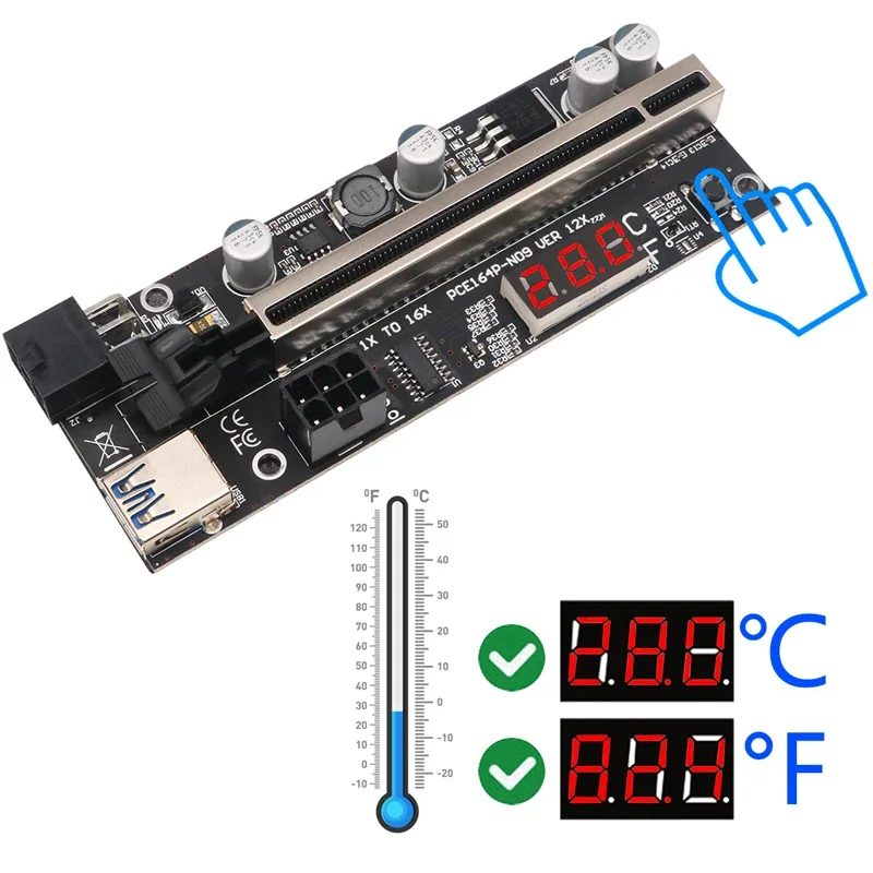 

PCIE Riser 009S Plus Riser PCI E PCI Express X1 to X16 Dual 6Pin for Graphic Card GPU Bitcoin Miner Mining w/ Temperature Sensor