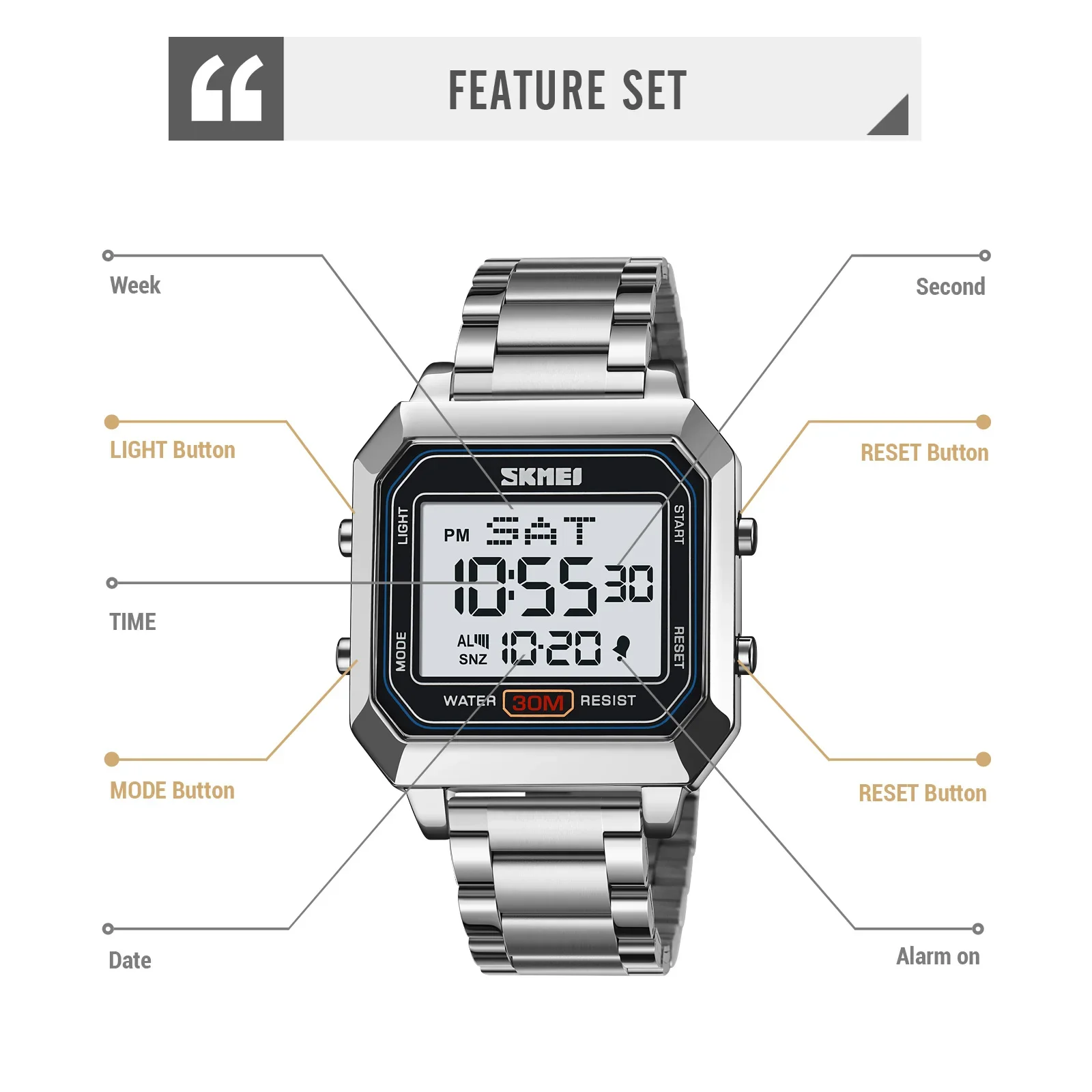 SKMEI Men's Electronic Square Steel Band Student Multi functional Sports Waterproof Night Glow Electronic Watch 2149 5