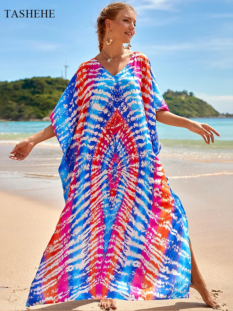 

New Rayon Printed Robe Seaside Vacation Sunscreen Shirt Beach Long Skirt Bikini Swimsuits Women Swimsuit Printing Cover-up 2022