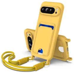 Premium Soft Liquid Silicone Phone Case with Lanyard and Card Holder - Shockproof Protective Cover - Google Pixel 9 Pro XL (Yellow)