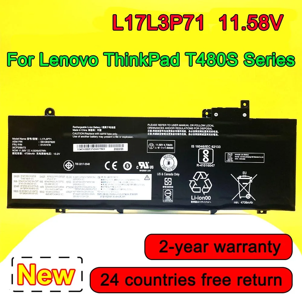 

L17M3P71 Laptop Battery For Lenovo ThinkPad T480S Series 01AV478 01AV479 01AV480 L17L3P71 L17M3P72 SB10K97620 SB10K97621 57Wh