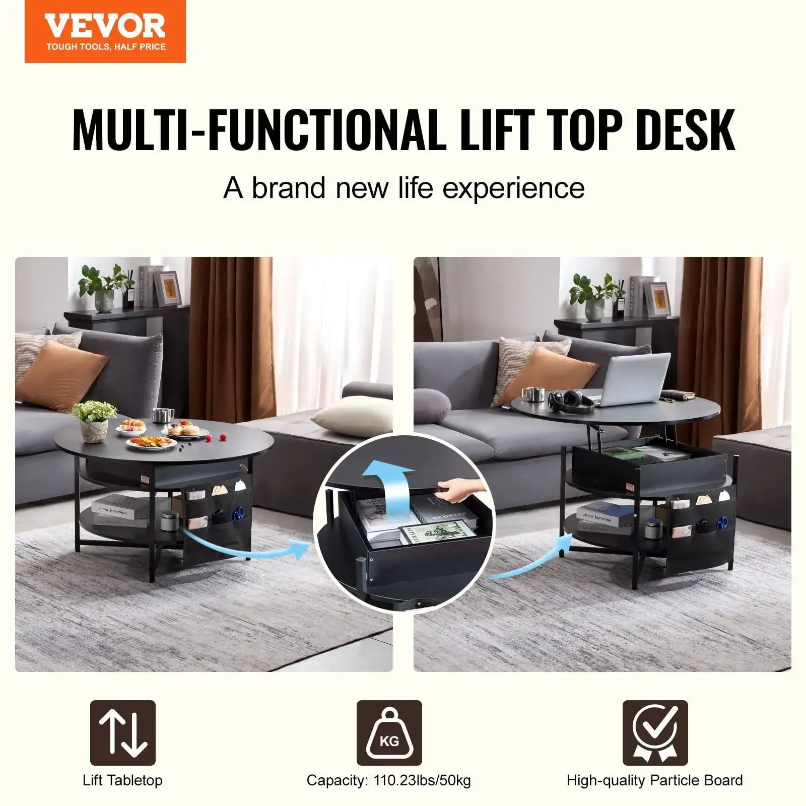 Lift Top Coffee Table 35.3" Round Coffee Table for Living Room Black 2