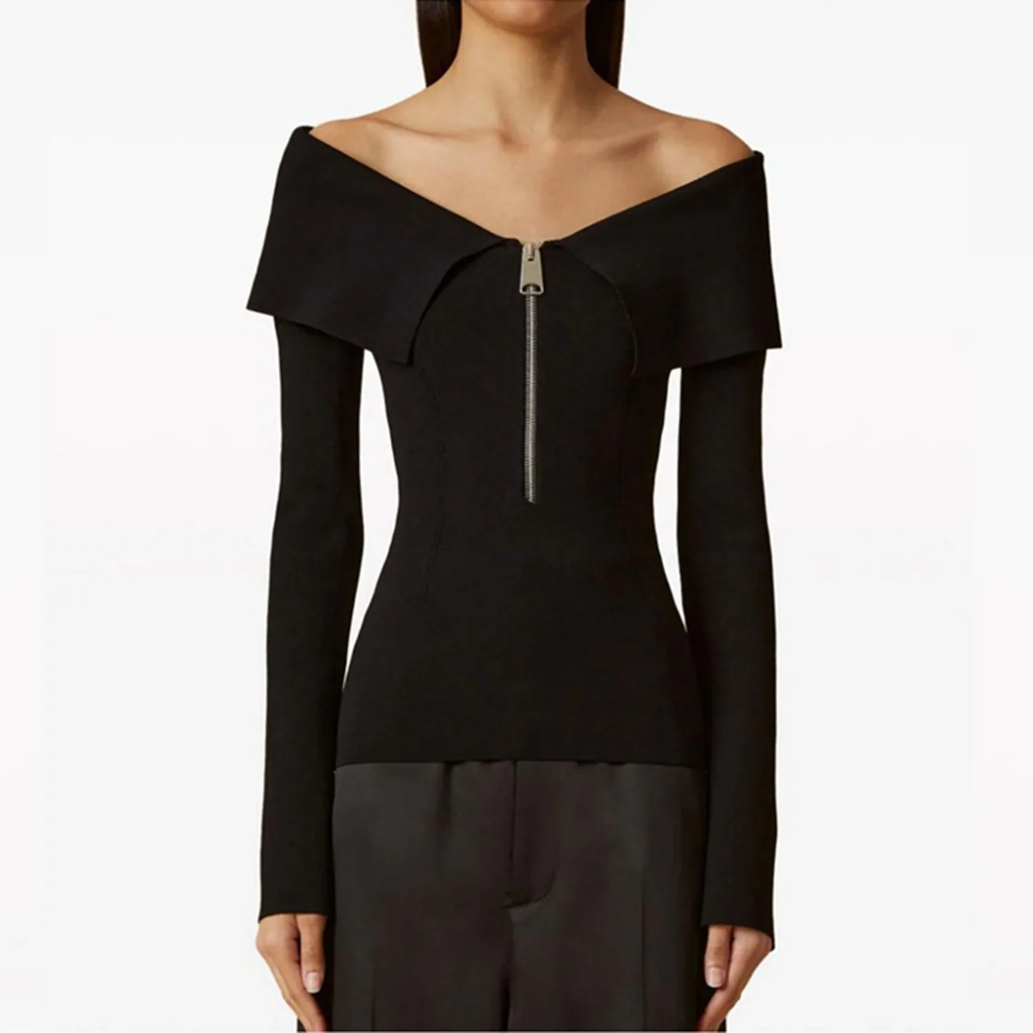 24ss Fall And Winter New Black One Neck Strapless Knit Top Slim Zipper Design Long-Sleeved Knit Shirt Female