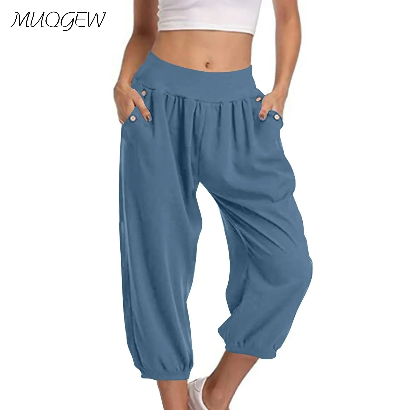 

Pants For Women Casual Summer New Solid Color Elastic High Waist Cotton Linen Loose Pants Drawstring With Pocket Mid Leg Pants