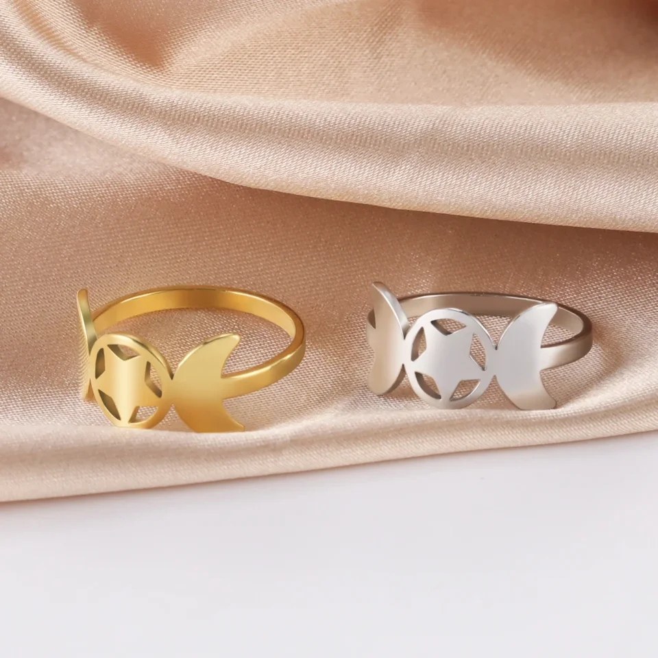 Anello Tripla Dea Della Luna In Acciaio Inox - Simbolo Wicca Pentagramma - Regalo Esoterico Per Donna - 3