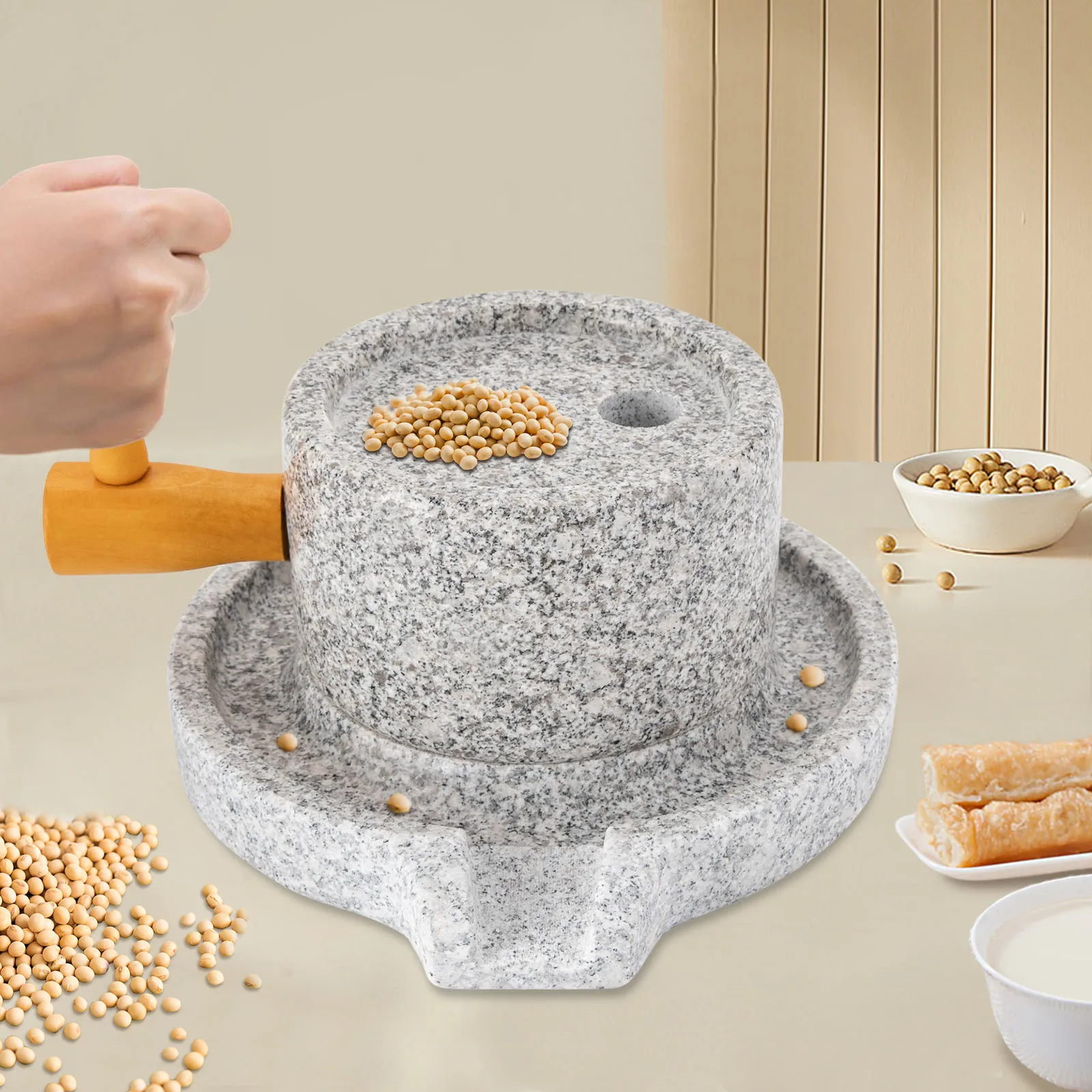 Traditional Granite Millstone Grinder Hand Crank with 304 Stainless Steel Core for Dry Wet Grinding Wheat Soybean Spices