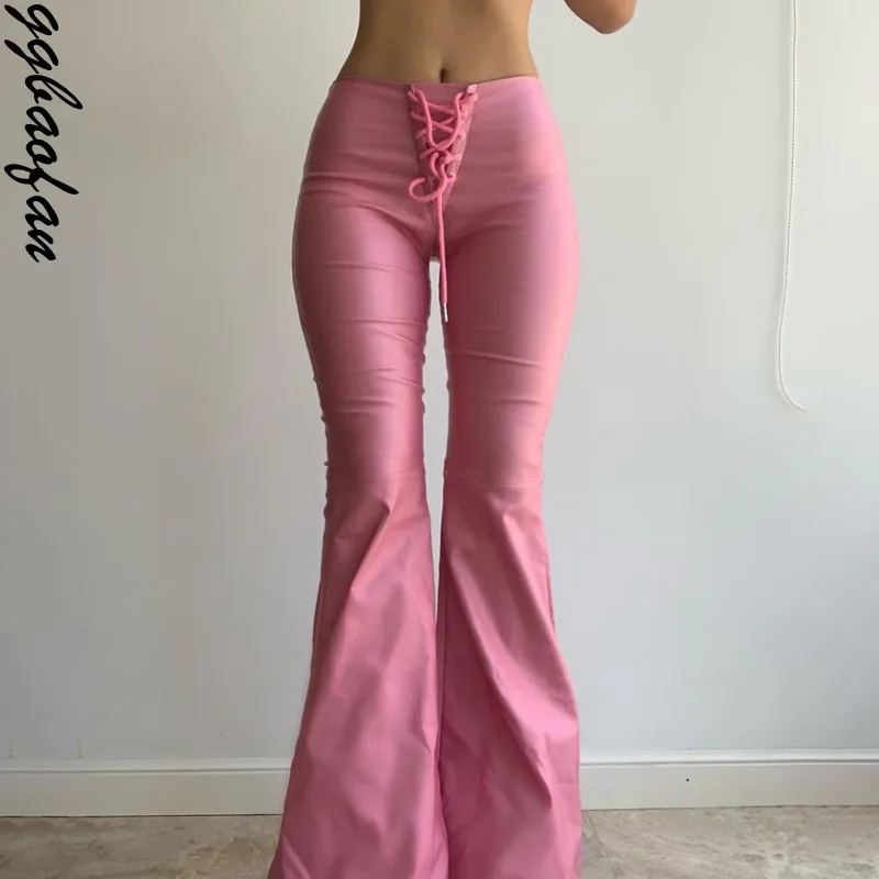 

Ggbaofan Sexy Fashion PU Leather High Rise Flare Pants Chic Bandage Pink Pants For Women Trousers Pant Bodycon Streetwear