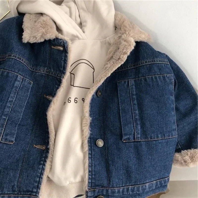 Children Jackets Autumn Winter Children Big Boy Outerwear Fleece Thicken Warm Toddler Boys Denim Jacket Kids Girls Parkas 2-11 Yrs