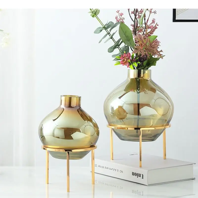 

Mirror Glass Vase Iron Frame Base Flower Arrangement Hydroponic Desktop Vase Two-piece Suit Ornaments Decoration Fake Flowers