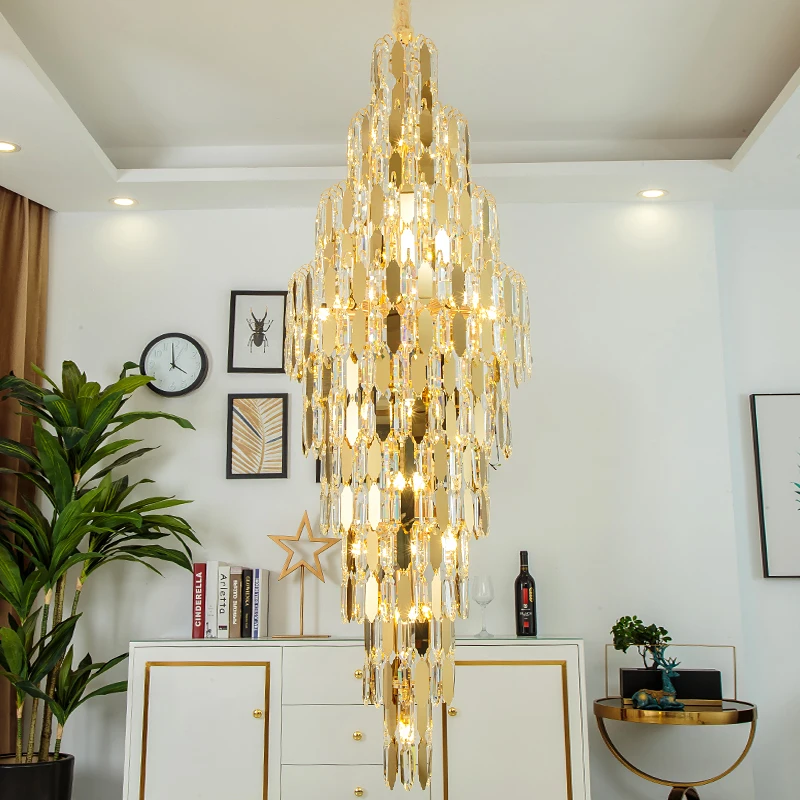 Modern Duplex Rotating Staircase Chandelier Building Stairwell Rotating Long Chandelier Atmospheric Villa Hall Crystal Light