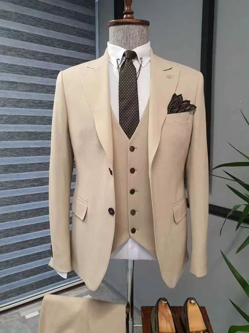 Formal Khaki Men Wedding Suits Groom Tuxedos Slim Fit Business Suits Peak Lapel Jacket 3 Piece Costume Homme (Blazer+Pants+Vest)