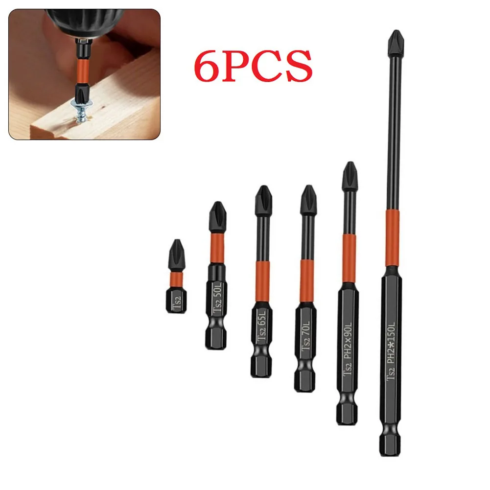 6PCS PH2 Magnetic Batch Head Cross Screwdriver Set Slotted Cross Phillips Impact Batch Head Hardness Screwdriver Hand Tools