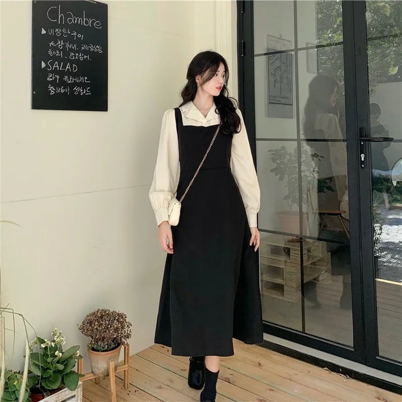 Dress Women Autumn A-line Temperament Patchwork Basic All-match High Waist  Birthday Fashionable Vestido Midi Long Sleeve Student - AliExpress 200000345