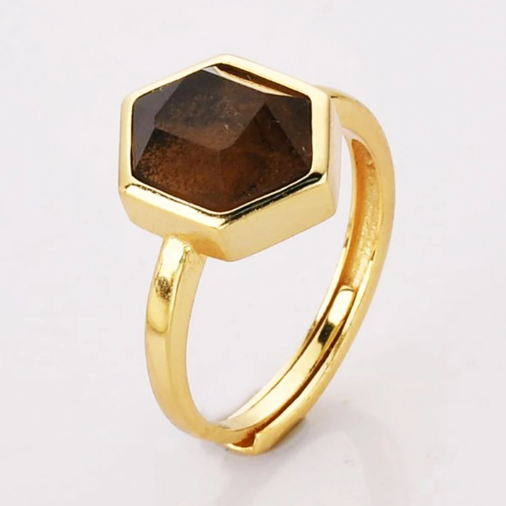 

5Pcs Natural Crystal Stone Adjustable Finger Ring Gold Color Hexagonal Energy Stone Jewelry For Women Friendship Gift Whalesale