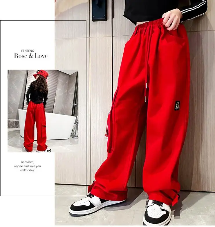 10 12 years Girls Red Cargo Pants Wide-leg Trousers 2022 New