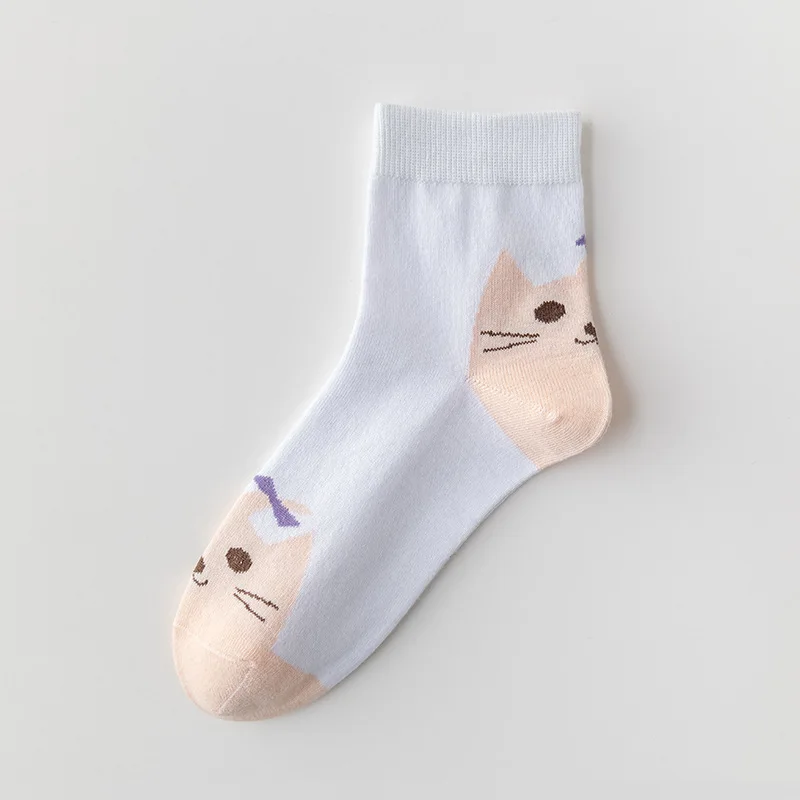 6 Paar Damen Frühling und Herbst Mode Neue Süße Kätzchen-Gesicht Damen Kurzsocken Bequeme Cartoon-Katzen Trend Mittellange Socken – Detail 15