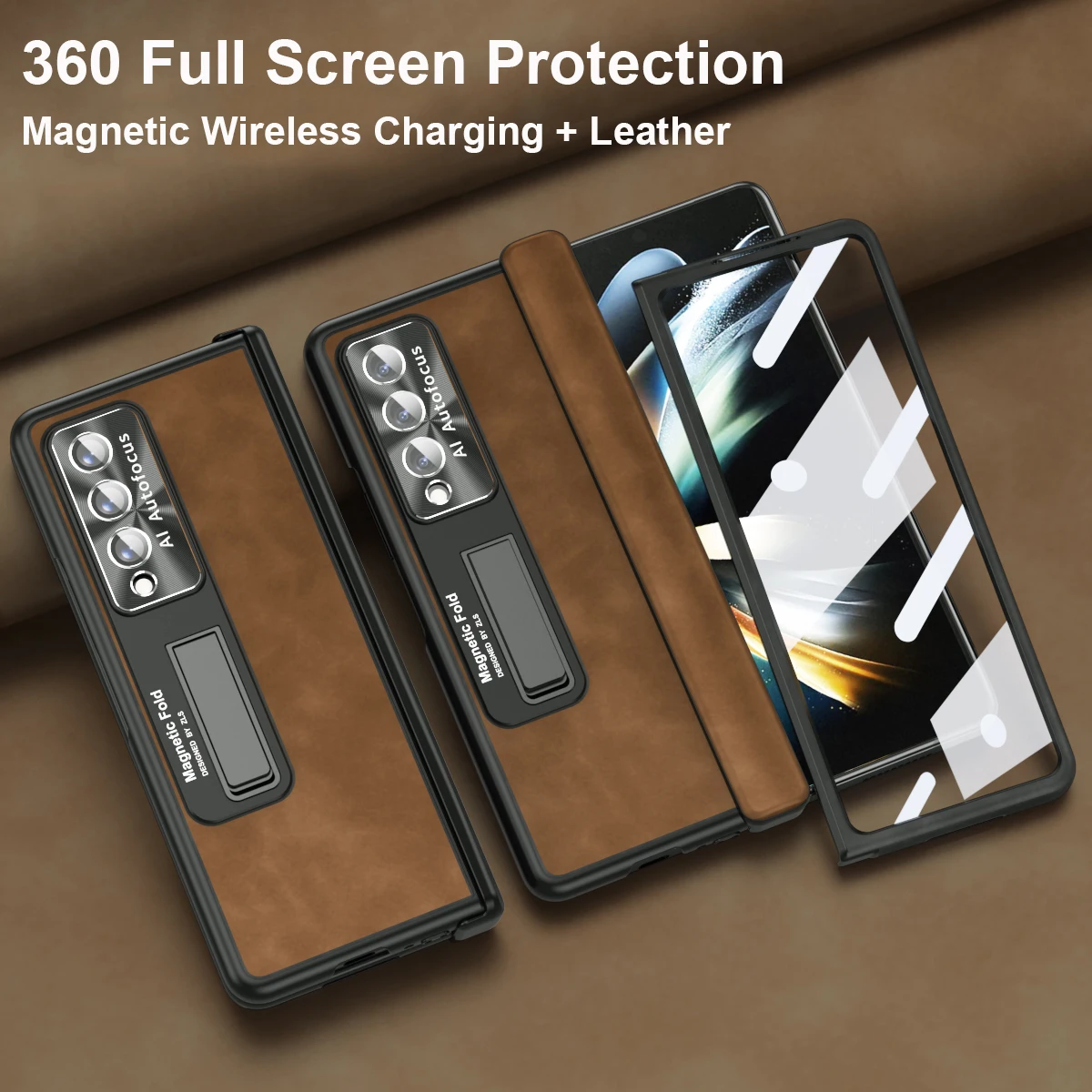 

Магнитный кожаный чехол Fran-CJ для Samsung Galaxy Z Fold 4 360 дюймов, защитный чехол для телефона с подставкой