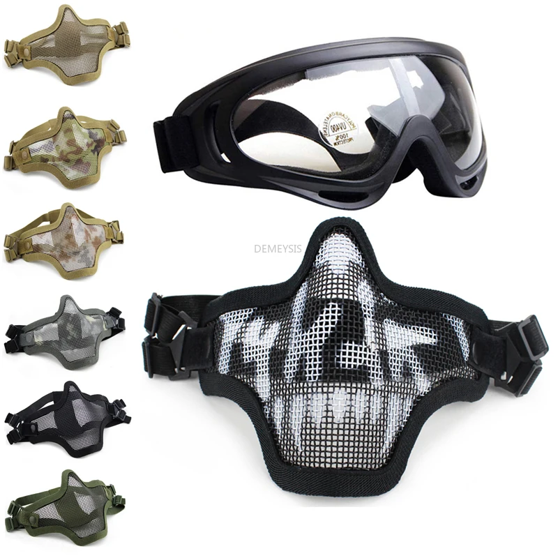 

Airsoft Half Face Mask with Goggles Breathable Steel Mesh Tactical Face Mask Outdoor Hunting Shooting Wargame Protective Gear