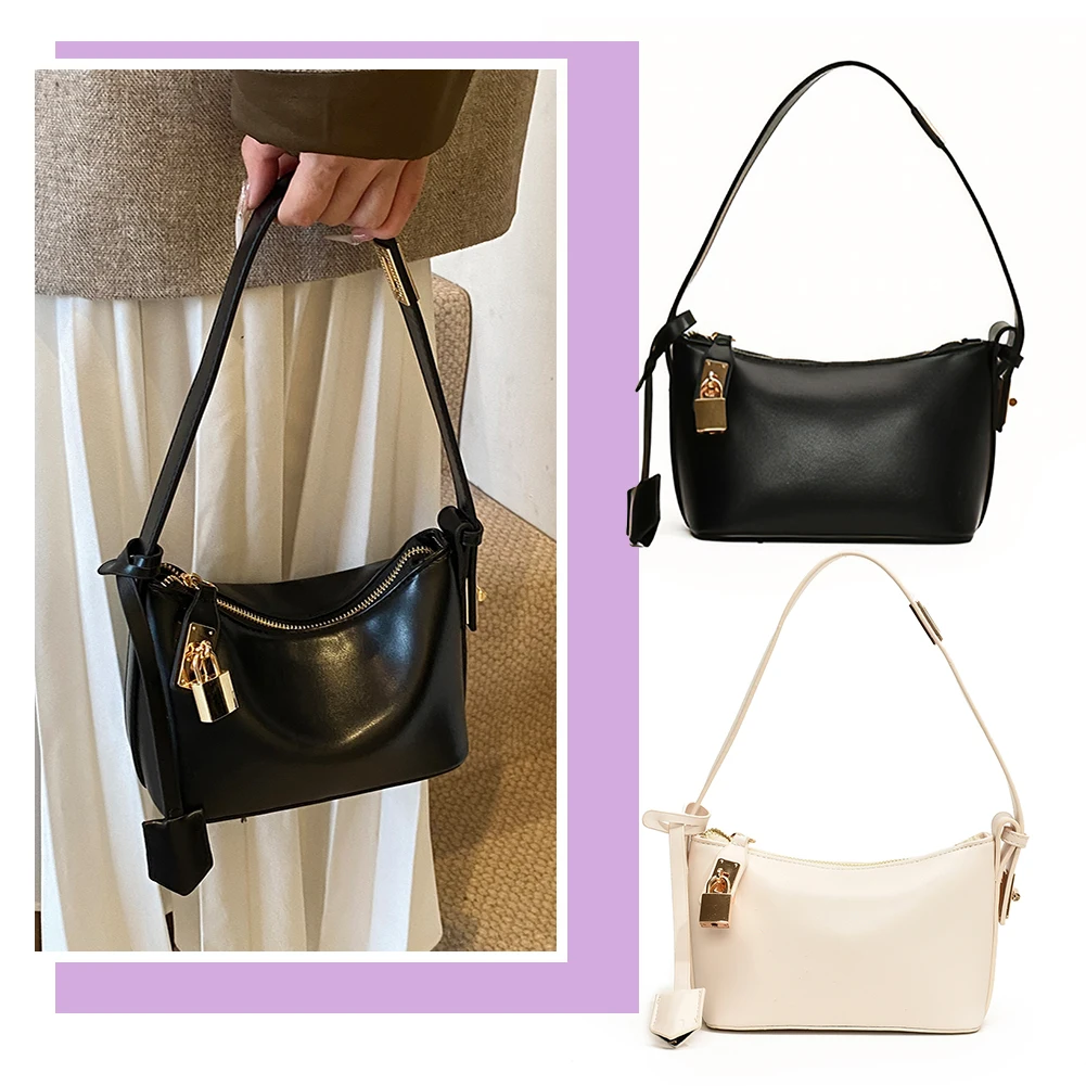 Women Small Shoulder Bag Solid Color PU Leather Leather Underarm Bag Zipper Hobo Tote Handbag with Lock Decor Everyday Purses