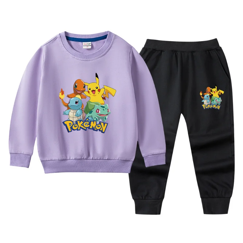 Ropa de Pokémon para niños, conjunto de sudadera y pantalones de chándal para primavera y otoño, figura de Anime, conjunto informal gráfico de Pikachu de dos piezas