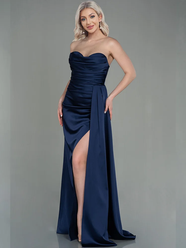 

Lucyinlove Luxury Blue Mermaid Prom Dresses High Slit Satin Evening Dress Formal Saudi Arabia Cocktail Wedding Party Long Gowns