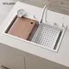 White Stainless Steel Waterfall Kitchen Sink Multifuctional Faucets Simple Style Large Single Slot Kitchen Novel Accessories 1