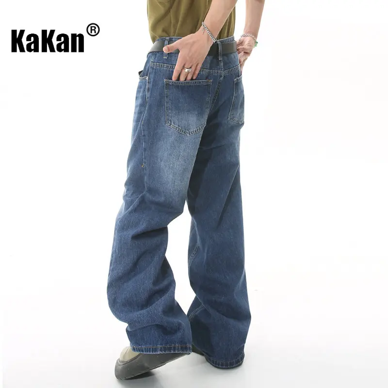 Kakan - New Korean Version Loose Fitting Wide Leg Mop Jeans for Men, Popular Blue Long Jeans for Youth K50-483