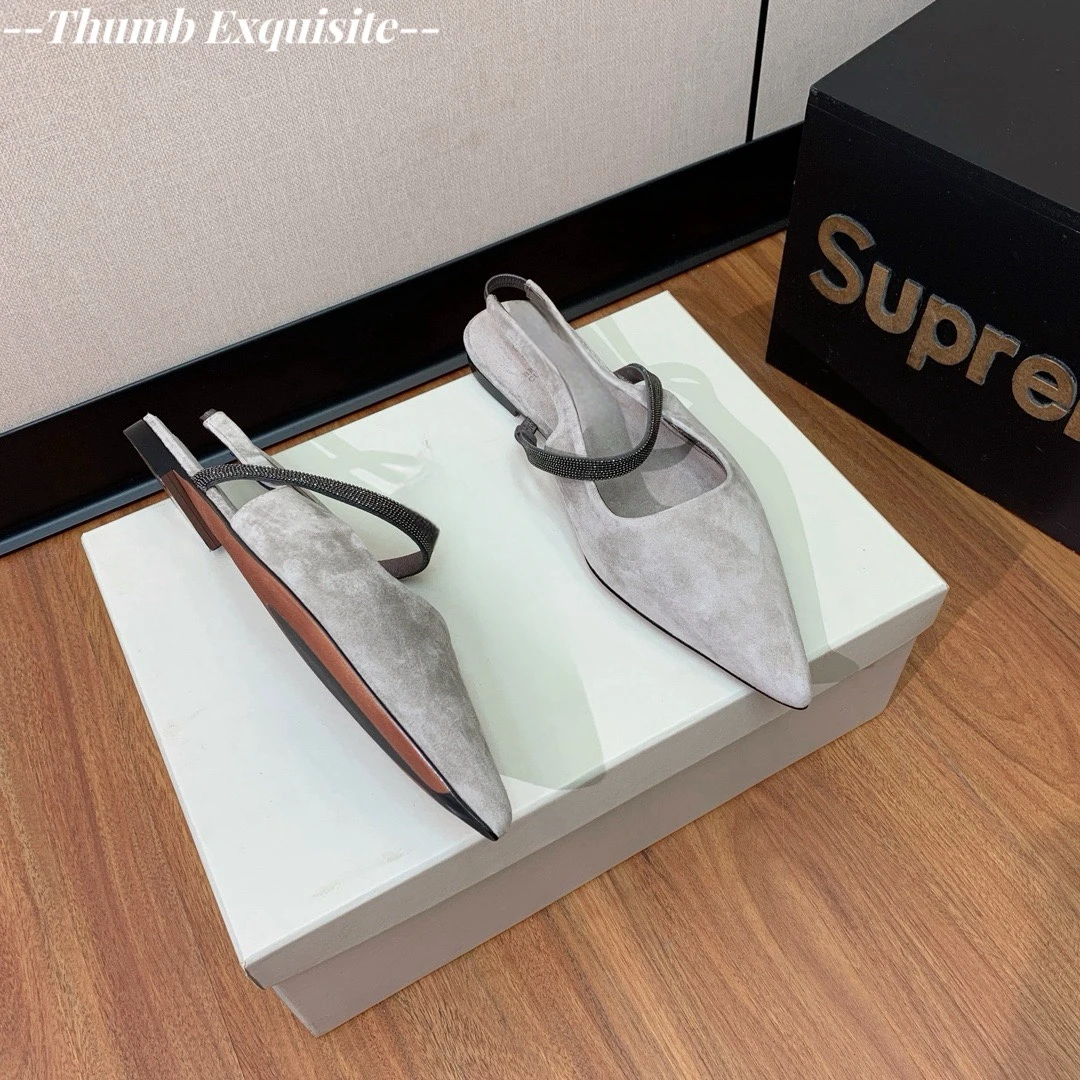 Suede flat shoes summer sandals pointed lazy Muller shoes casual daily women's shoes beaded walking shoes crystal single shoes