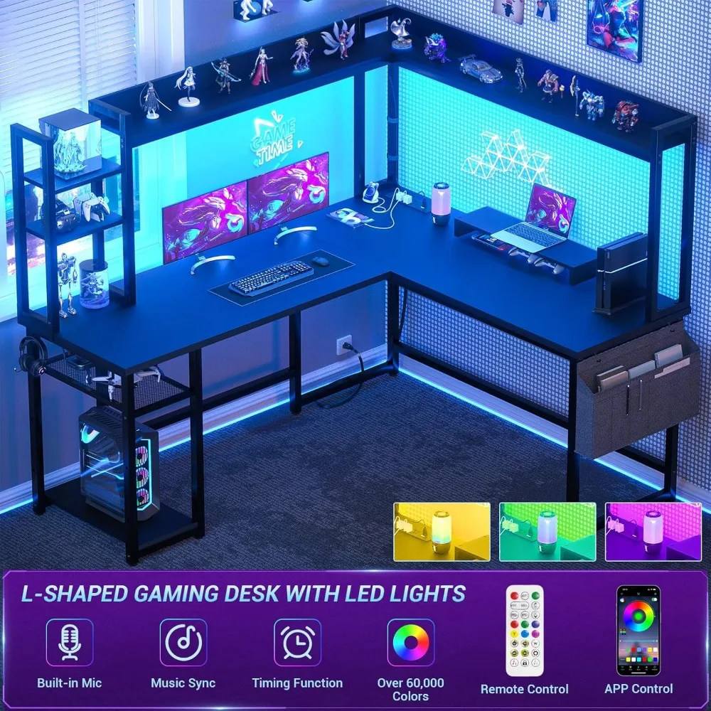 L Shaped Desk with Power Outlet, L Shaped Gaming Desk with Led Light & Hutch, Reversible Home Office Desk, Corner Computer Desk 4
