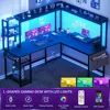 L Shaped Desk with Power Outlet, L Shaped Gaming Desk with Led Light & Hutch, Reversible Home Office Desk, Corner Computer Desk 4