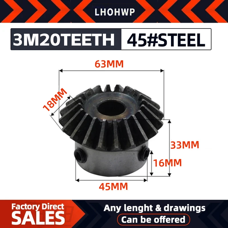 Motor gear transmission gear 1PC Bevel Gear 3M 20Teeth Inner Hole 14/15/16/17/18/19/20/22/24/25/28mm Gear 90 Gegrees Meshing Angle Steel Gears Screw Hole M5