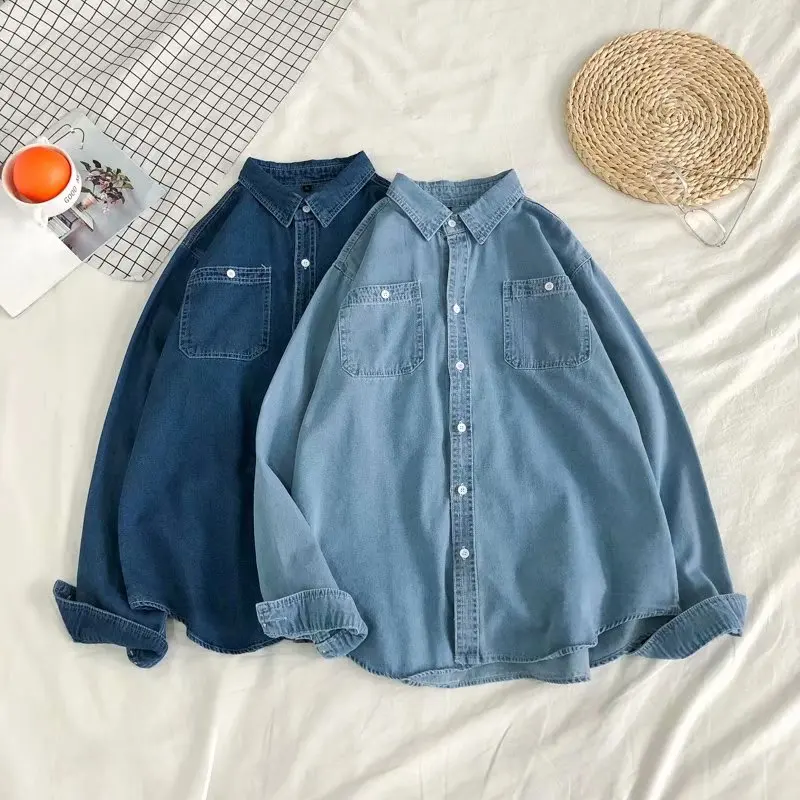 American workwear denim shirt men's spring new retro washed collared shirt trendy brand loose long sleeved jacket