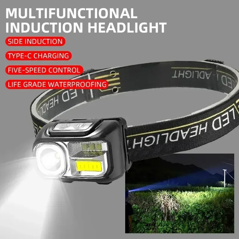 LED Strong Light Long-distance Sensing USB Charging Portable Head Mounted Light Outdoor Night Running Fishing Light