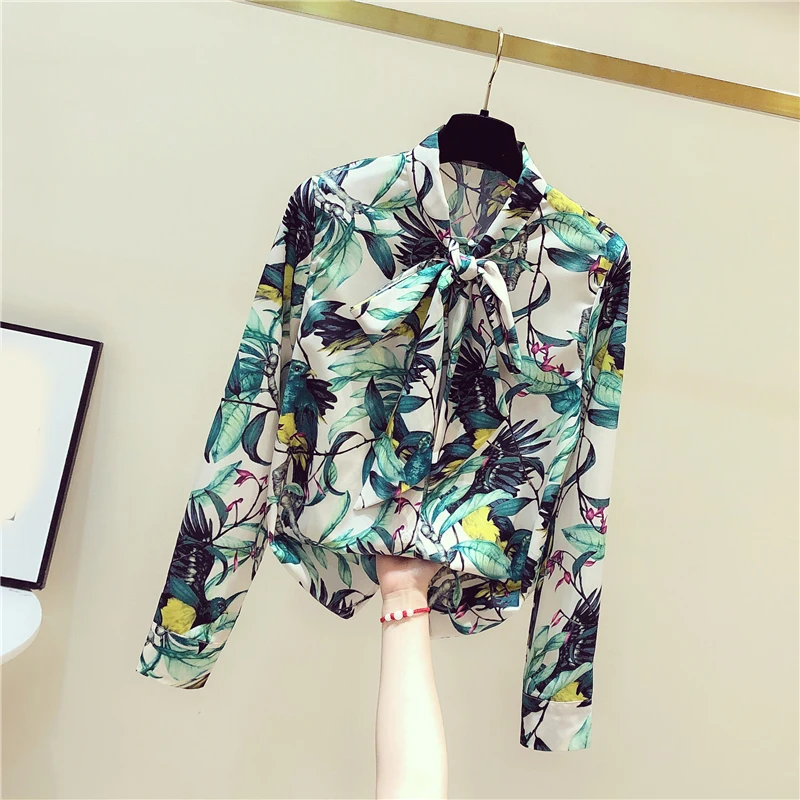 

Vintage Printed Chiffon Women Shirts Summer New 2022 Long-Sleeved Bow Neck Slim Office Lady Elegant Outwear Tops