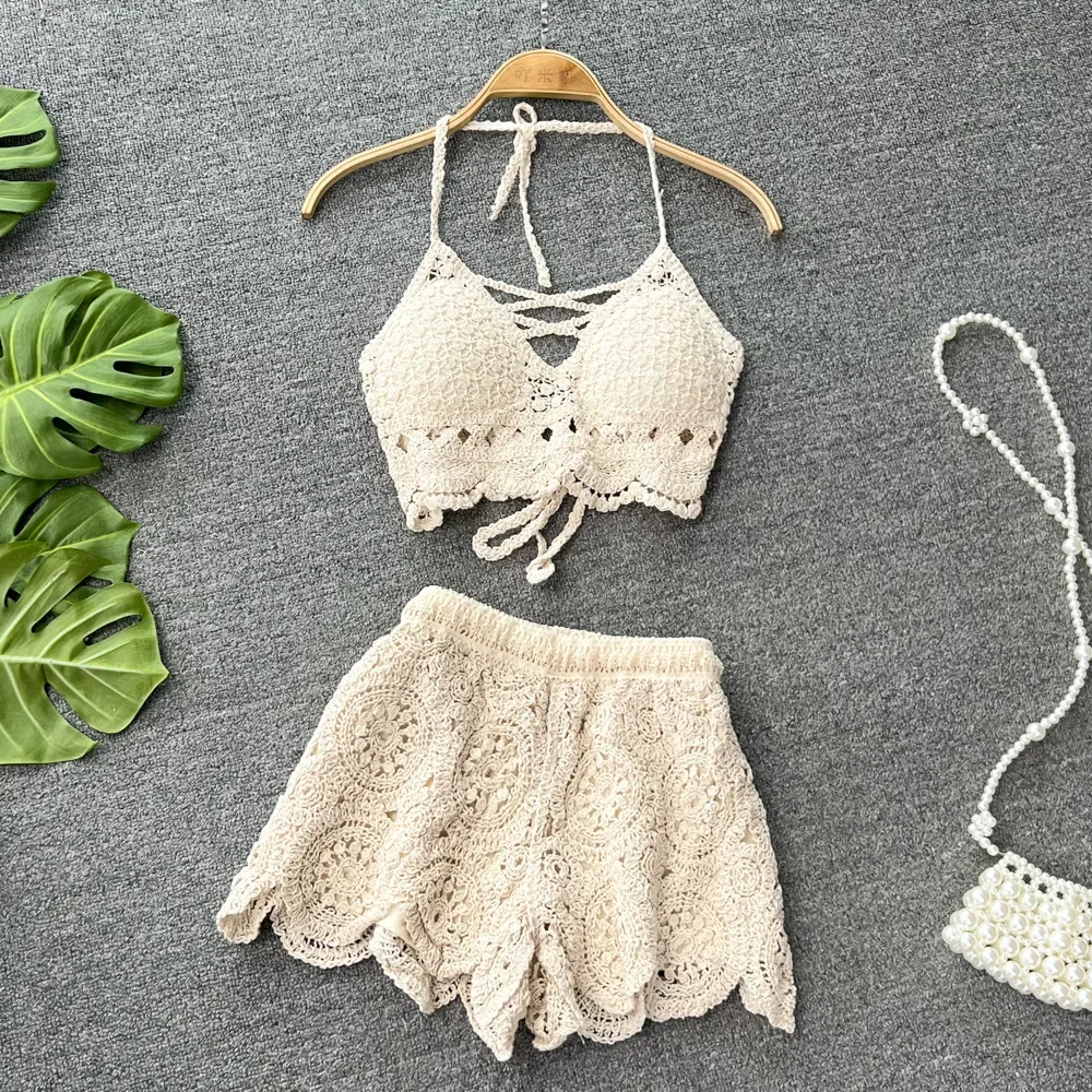 Beach vacation Beachwear Knitted Suit Backless Sexy Hooked Hollow Wide Legs Shorts 2024 Y2k Vacation Women Summer Two Piece Set