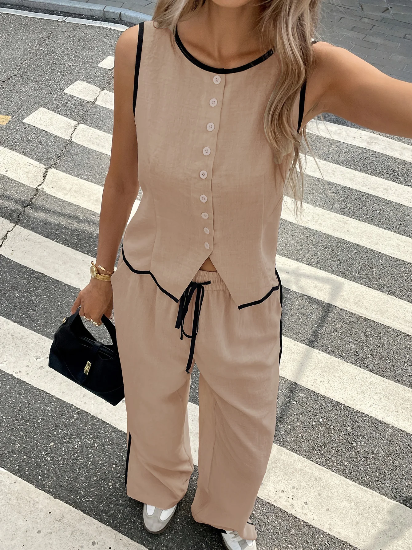 Women's Two-Piece Set, Colorblock Sleeveless Vest and Drawstring Pants, Summer Fashion Casual, Ladies' Comfortable Clothing 5