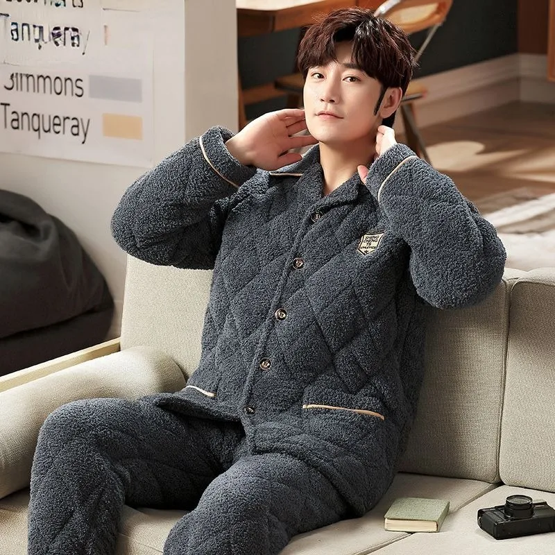 2023 New Winter Men Three-layer Cotton Coral Velvet Pajamas Thickened Warm Nightwear Loose Loungewear Flannel V-neck Sleepwear