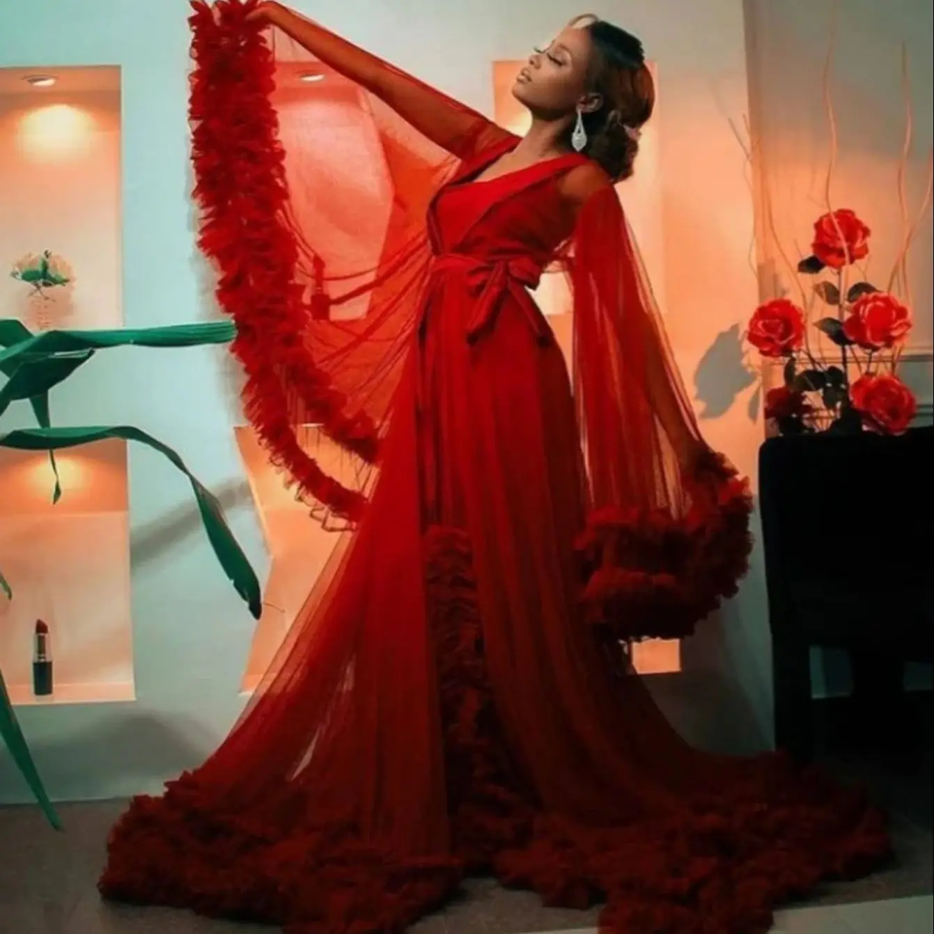 

Red Long Bridal Robe for Wedding Long Sleeves Ruffled Women Bathrobes Shawl Nightgowns Lingerie Dressing Kimono Cape