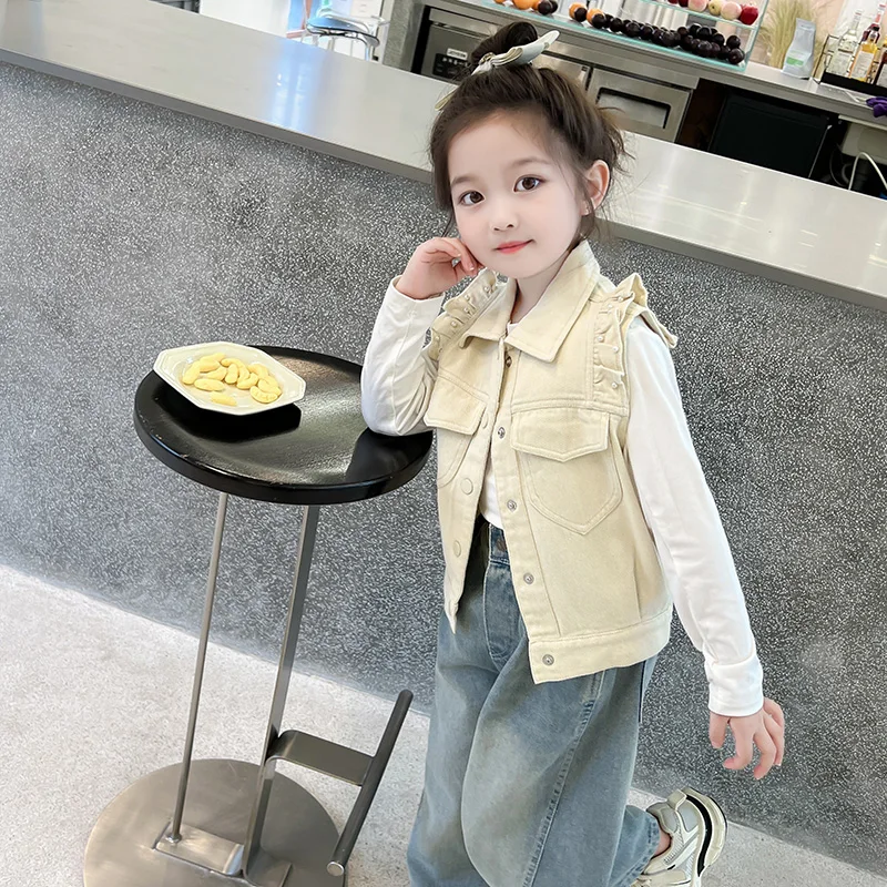 우아한 키즈 베이지 핑크 컬러 데님 슬리브리스 재킷 베스트  여자 고품질 데님 조끼 의상 2 3 4 5 6 7 8 9세