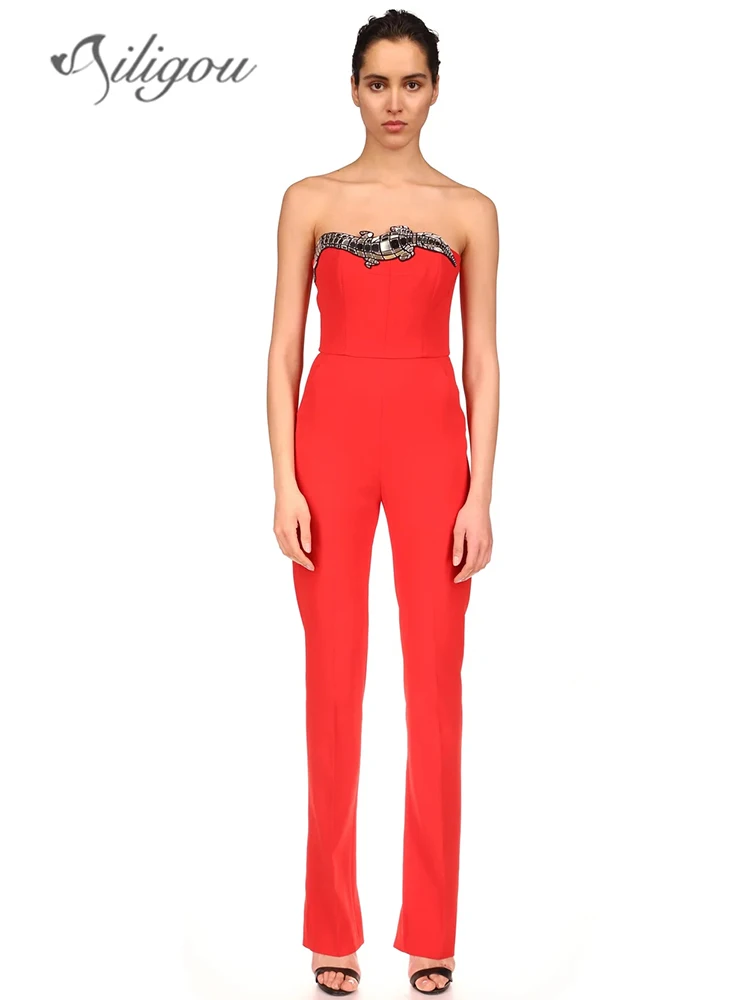 

Ailigou 2023 New Summer Women's Sexy Strapless Backless Sequins Red Tight Celebrity Designer Celebrity Party Bandage Jumpsuit