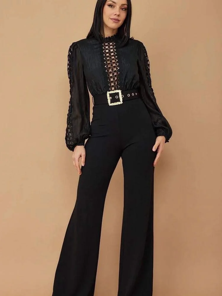 Wmstar Jumpsuit Women Wholesale Elegant and Distinctive Lace Patchwork Lace Up Hollow Out Wide Leg Romper Office Lady with Belt